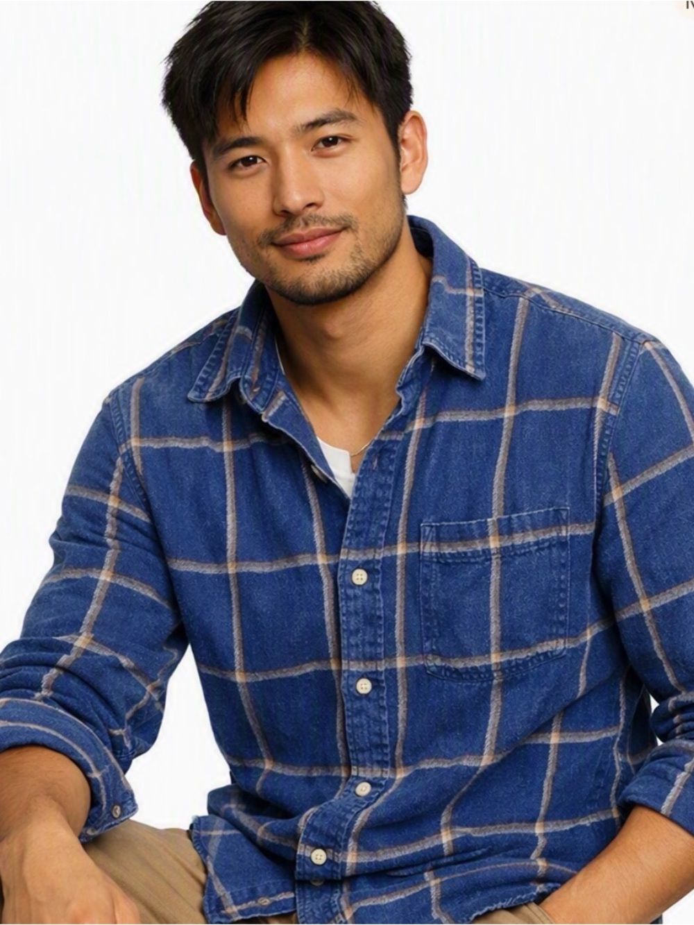 Abercrombie & Fitch Muscle Fit Denim Blue Plaid Shirt Cabincore Men’s M